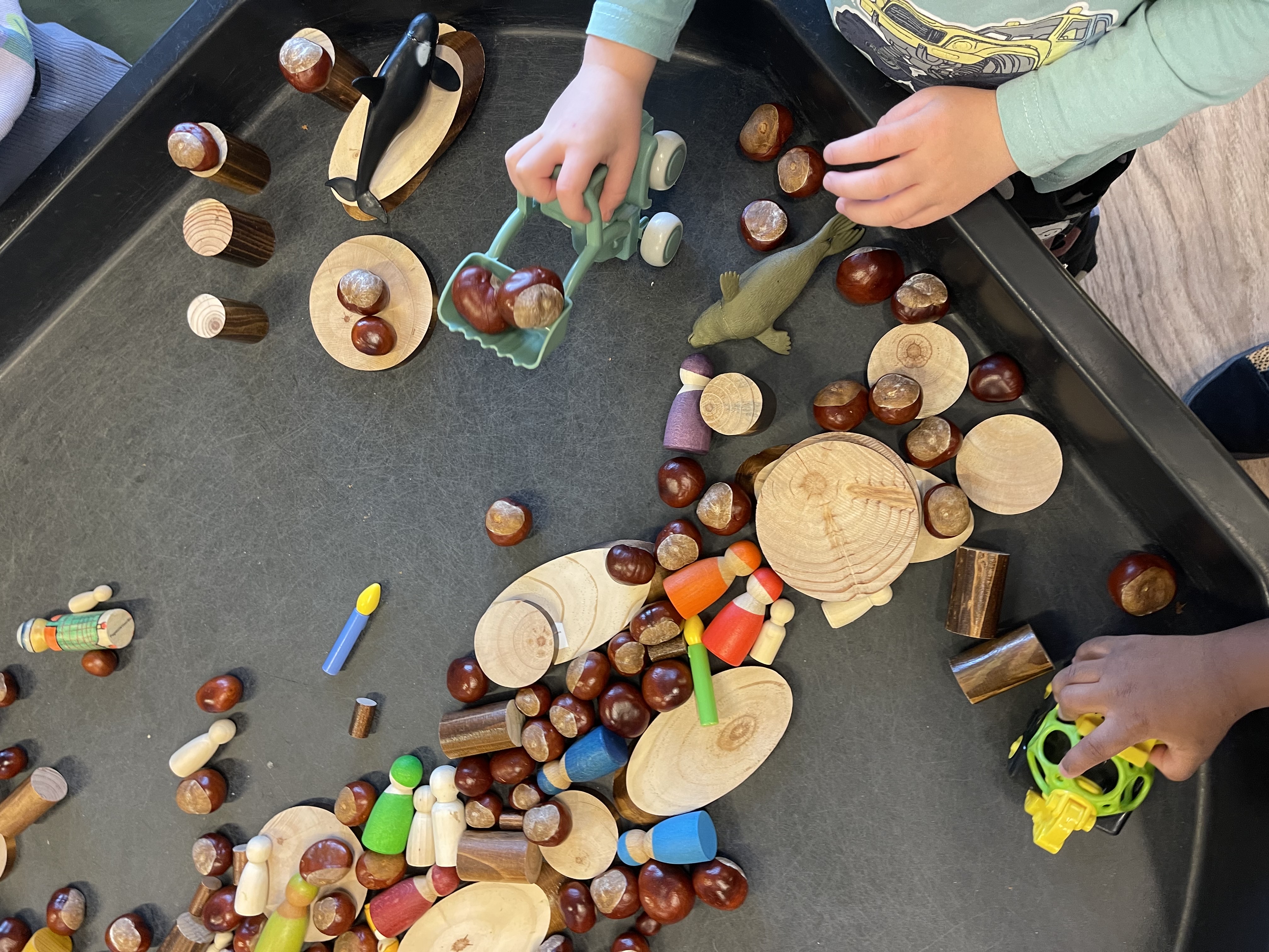 De peuters hebben gespeeld met kastanjes 🌰 en houten blokjes! 